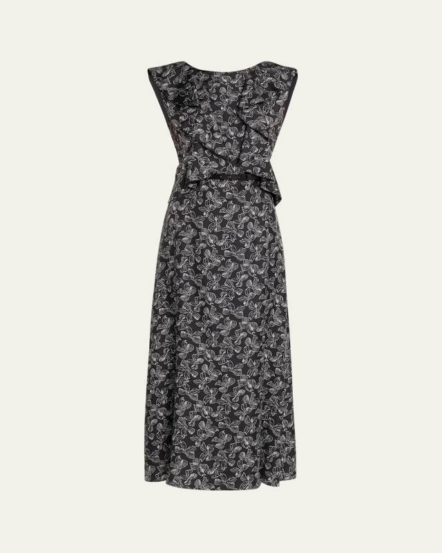 Calesse Bow-Print Ruffle Backless Midi Dress